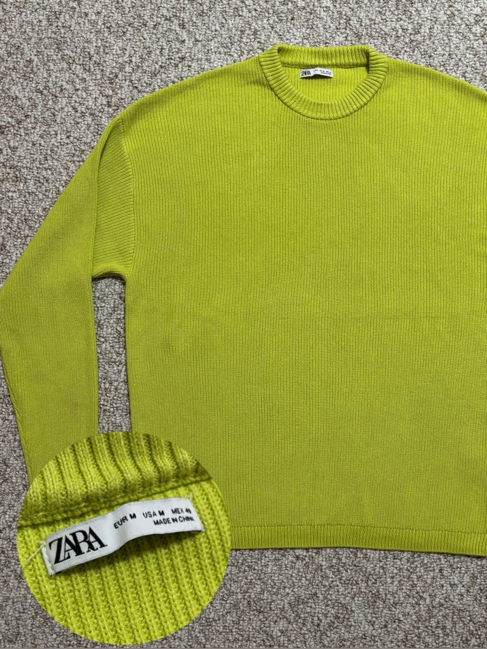 Zara Men Lime Green Knit Crewneck Sweater Size M 100% Cotton